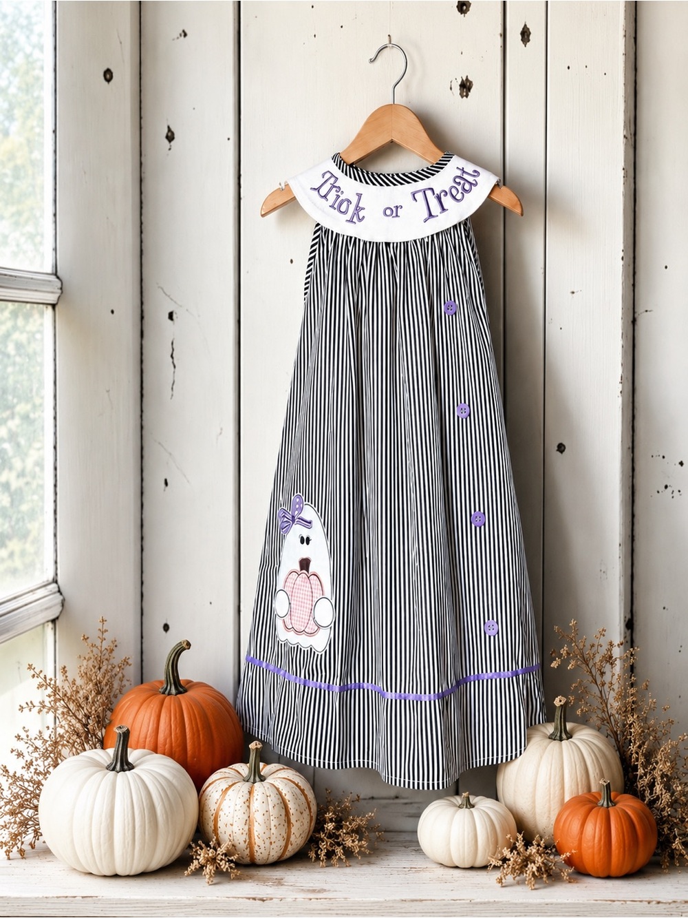 Rylee Faith Designs Ghost Dress Embroidered Girls Size 4 black white stripe